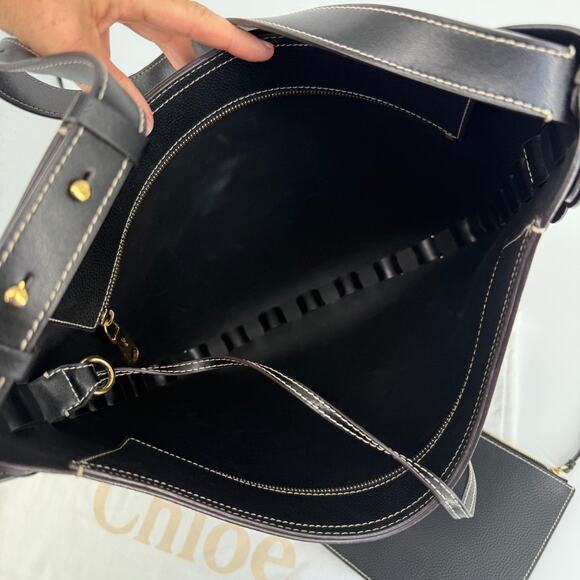 Chloe Darryl Hobo Bag Black Grained Leather Large Tote Shoulder With Pouch Auth - Picture 9 of 16